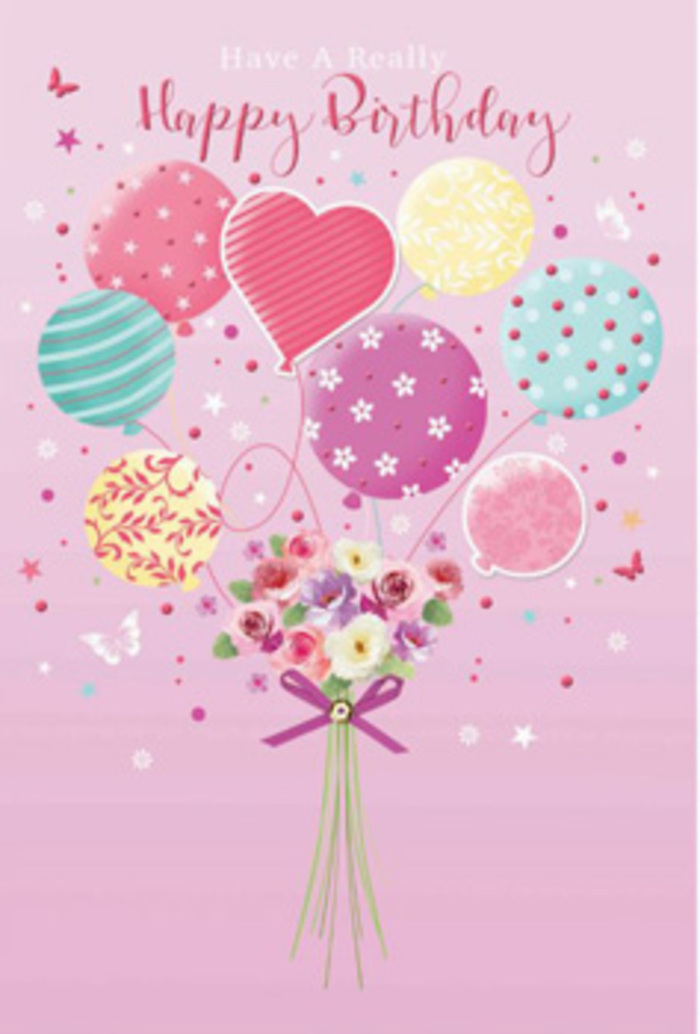 This whimsical birthday scene looks like a dream you might have after walking home from a party along Roman Road, arms full of flowers and balloons. The backdrop is a soft blush-pink wash that feels warm and inviting, as if lit by late afternoon sun coming through a Bow townhouse window. Anchoring the design is a neat, hand-tied bouquet at the bottom centre, its stems carefully gathered and wrapped with a small, sparkling violet bow that glows against the green. The bouquet features petite roses and daisy-like blossoms, with petals that transition from creamy ivory at the base to gentle rose and mauve at the tips, giving each flower a tender, almost velvety appearance. Above them floats a bouquet of pastel balloons, as though the flowers themselves have taken flight. The balloons are rendered in harmonious shades of pale yellow, blush pink, fuchsia accents, minty teal, and lavender, each one decorated with distinctive patterns: looping ribbons, scattered polka dots, soft florals, and spiralling lines that mimic playful party streamers. A heart-shaped balloon nestled near the centre seems to pulse with affection, like a quiet message of love amid the festivity. The light appears to come from the front and slightly above, catching highlights on the glossy balloon surfaces and tracing the delicate curves of each petal. Tiny butterflies and twinkling stars drift through the composition, suggesting movement in the stillness, the way confetti might hang in the air after a toast. The overall mood is one of gentle jubilation, echoing the feeling of sending a thoughtfully chosen birthday bouquet from a trusted Bow florist to brighten someone's day nearby, whether just off Devons Road or close to Mile End Park.
