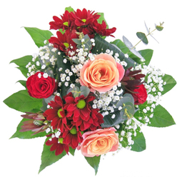 This distinguishing bouquet-meticulously arranged in Bow by local florists-commands attention with its dynamic interplay of colour and shape. Rich scarlet chrysanthemums and classic red roses set a dramatic, almost theatrical backdrop, drawing the eye to a core of creamy peach and soft salmon roses that radiate a gentle, soothing warmth reminiscent of early mornings by the River Lea. Fine clusters of sparkling white gypsophila are tucked artfully amongst the main blooms, like tiny pearls on a silk scarf, lending an air of lightness and movement. Broad, fresh green foliage frames the display, reminiscent of verdant corners of Roman Road Market, and imparts a grounding presence with a subtle, earthy aroma. Presented in a simple, clear glass vase, the bouquet is elevated on the table-both literally and stylistically-with the visible stems suggesting honest craftsmanship and pure intentions. A medley of tactile experiences awaits: the silken brush of rose petals, the plushness of chrysanthemums, and the fluttering softness of gypsophila. Ideal for conveying heartfelt emotion, welcoming new beginnings, or as a striking centrepiece for a Bow home, this arrangement is a testament to the skill and sensitivity of local florists. Whether brightening up the week, marking an anniversary, or simply elevating a quiet evening, this bouquet weaves together artistry and care, echoing the lived-in elegance of Bow's historic streets.