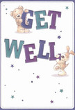 Radiating joy and optimism like a well-tended pocket garden in Bow, this get well card illustration springs to life with vibrant personality. Two loveable characters-a smiling teddy bear and a playful pup-appear to leap from the page, each gently holding and steadying the bold, hand-lettered words 'Get Well'. The hues of teal and rich indigo pop against a soft cream background, their lively tones reminiscent of the brightly painted shopfronts and lush parks scattered throughout Bow. Whimsical stars dance in every corner, shining in shades of blue and purple as hopeful symbols of encouragement, much like the thoughtful greetings exchanged among neighbours near Mile End. The bear's fluffy coat and puppy's downy ears are rendered with such tactile detail, you can almost feel their comforting embrace-a reminder of the reassuring warmth a local florist brings with every doorstep delivery. This card is much more than a simple message; it's a heartfelt salve, perfect for lifting the spirits of someone recovering in Bow, delivering both visual delight and emotional tenderness in every brushstroke.