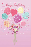 The illustration presents a joyful birthday composition that feels as if it could have been sketched in a cosy Bow flower studio on a quiet afternoon. Everything takes place against a smooth, soft-pink background, reminiscent of the inside of a gift box lid. At the base sits a sweet, compact bouquet, its green stems neatly aligned and held together by a glossy violet satin bow that catches a subtle shine. The flowers are delicate and romantic: small roses and anemone-like blooms with gently layered petals that move from ivory at their centres through blush pink into muted mauve, giving a sense of depth and softness. This bouquet appears to release a cascade of pastel balloons that float upward, creating a vertical flow that draws the eye higher, like watching helium balloons rise over the rooftops near Bow Church. Each balloon has its own personality - some display candy-coloured stripes that spiral around their forms, others are speckled with playful polka dots, while a central heart-shaped balloon quietly radiates affection. The colours remain light and harmonious: seashell pink, pale teal, lemon, and lilac, all with a polished sheen that suggests they have just been inflated for a celebration. Tiny stars and drifting butterflies are scattered through the scene, adding a touch of enchantment as if a gentle breeze is carrying them along the Limehouse Cut. The overall atmosphere is airy, sweet, and serenely festive, capturing the feeling of sending a light-hearted birthday surprise across Bow, complete with the imagined fragrance of fresh-cut blooms and the soft rustle of ribbon.